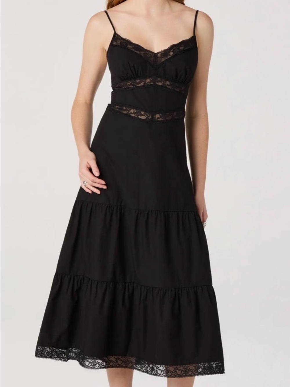 Astr Black Berenice Lace Detail Tiered Cotton Dress Large
